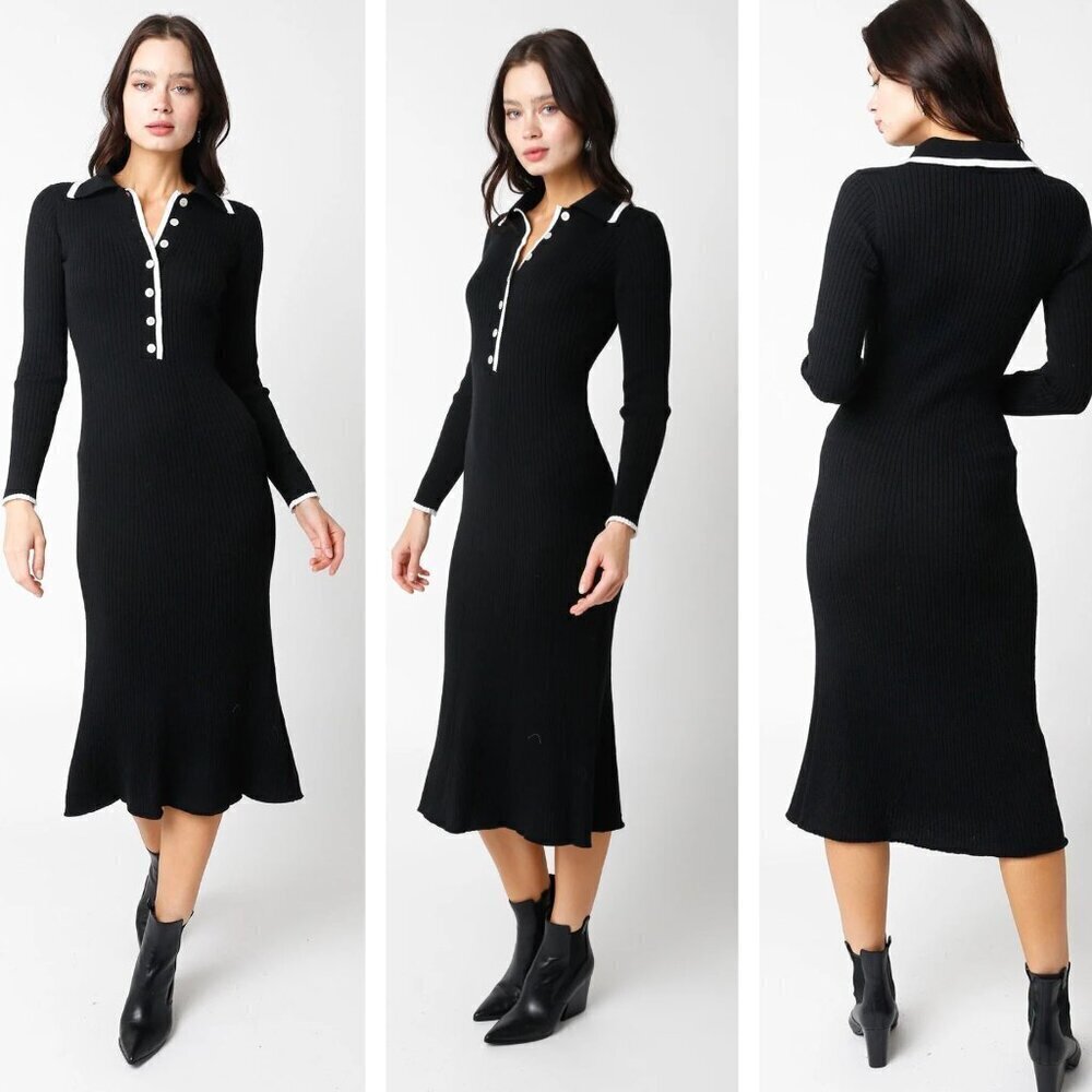 New! Micas Black White Tipped Rib Knit Sweater Midi Dress NWT 27126